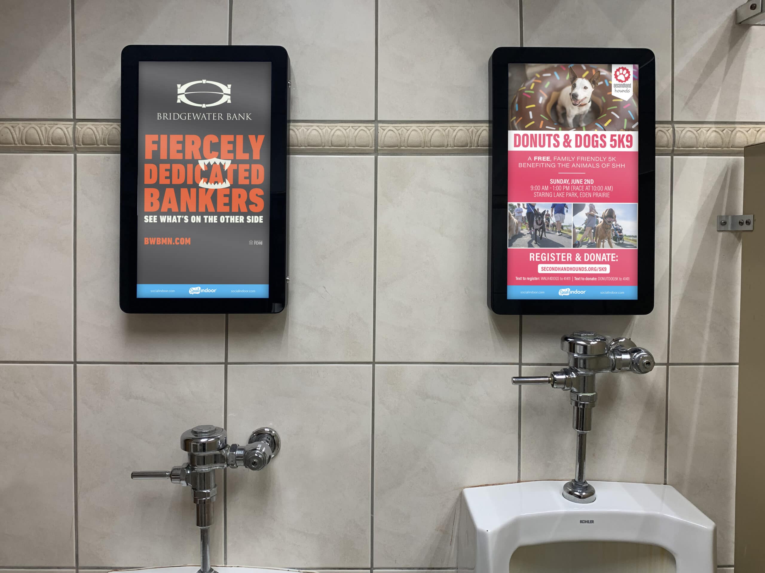 Mens restroom with digital advertisements from Social Indoor